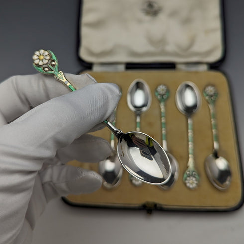 1938年 英国ヴィンテージ エナメル装飾 純銀製ティースプーン6本セット ケース入り MAPPIN and WEBB